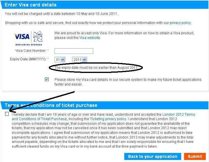 London olympics tickets payment visa card details