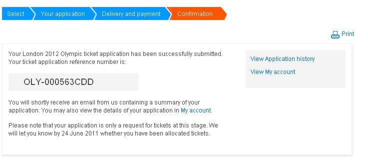 London olympics tickets payment done and confirmation