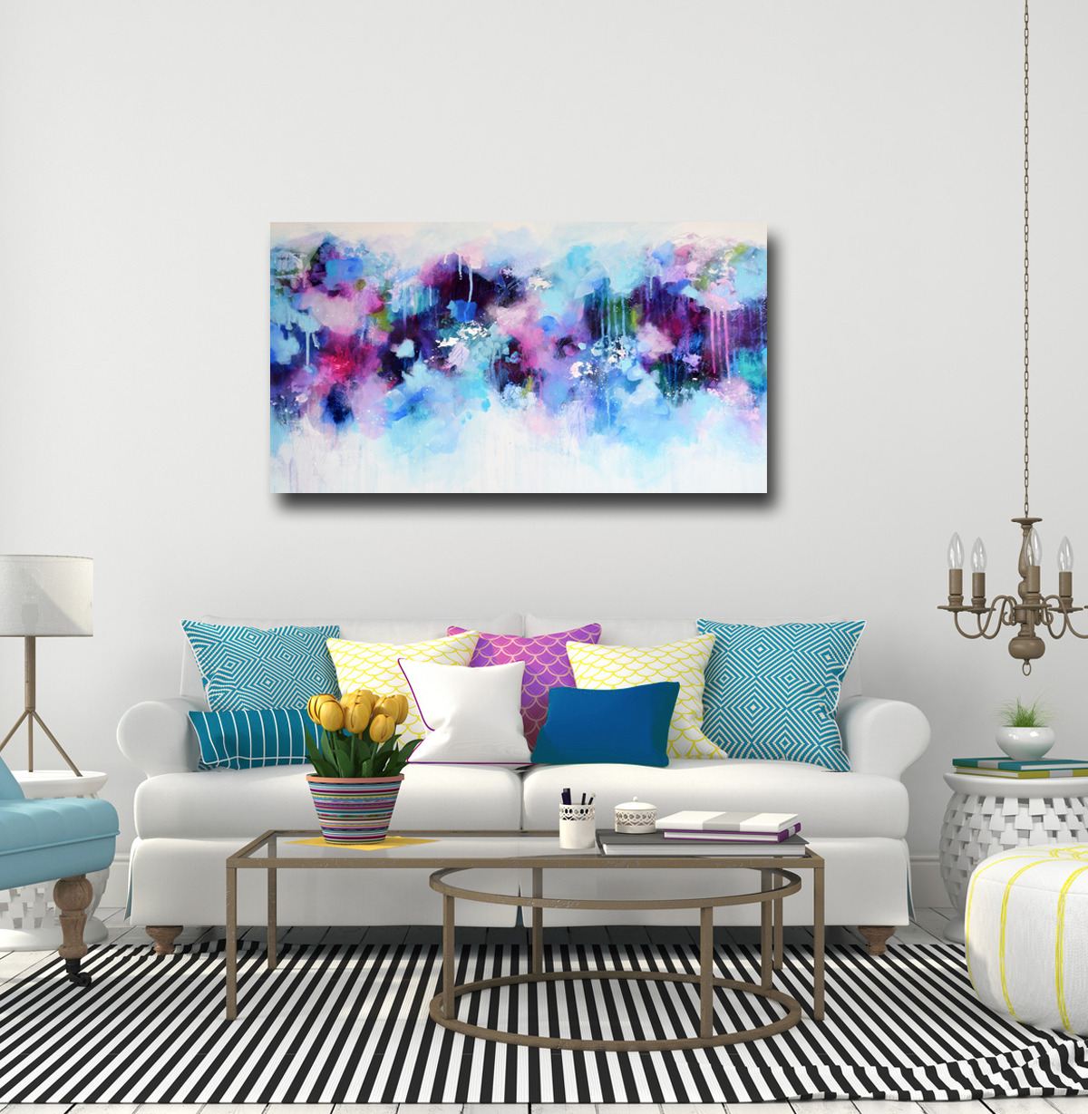 Pink and Blue Abstract Canvas Print, Panoramic Giclee Print, Large Art ...