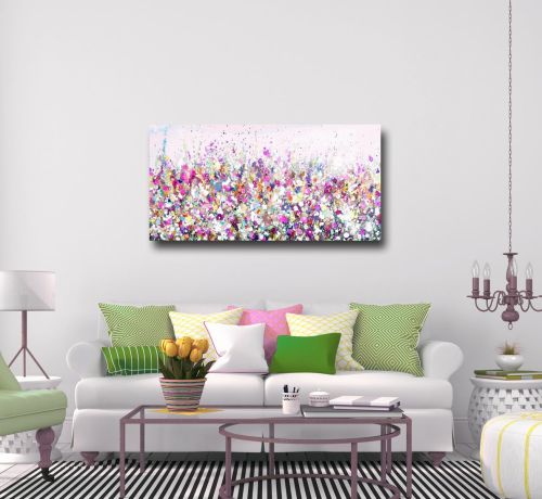 Large Panoramic Canvas Art Fl Wall Pink And Blue Abstract Meadow Print Giclee From Painting Flower - Panoramic Wall Art Uk