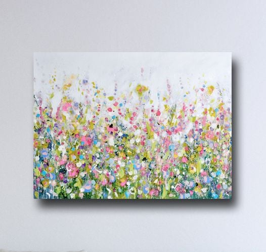 Floral Meadow Canvas Art Print in Pink and Green