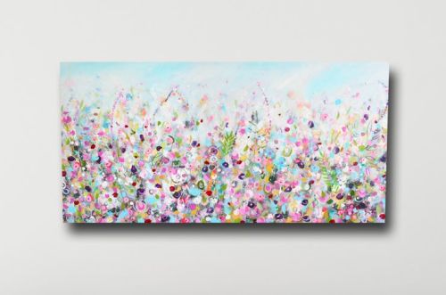 Floral Meadow Abstract Canvas Art Panoramic Giclee Print in Pink and Blue