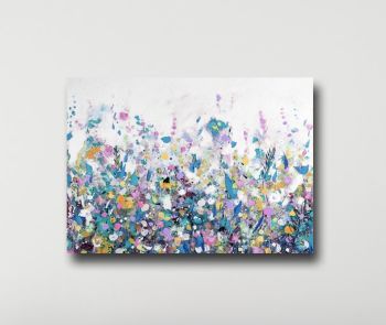 Large Floral Meadow Canvas Art Print in Blue, White and Pink