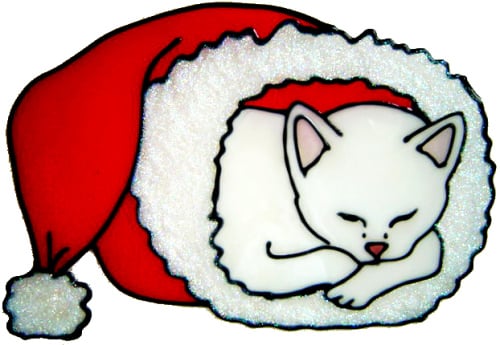 855 - Christmas Snuggle Cat handmade peelable window cling decoration