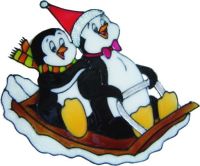 1016 - Penguins on Sleigh - Handmade peelable static window cling Christmas decoration