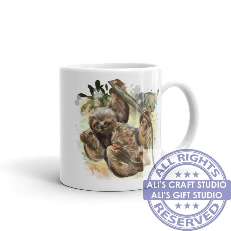 1319 - White Gloss Printed Ceramic Mug - Sloth in Tree