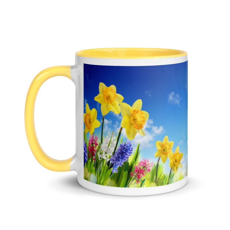 1375 - 2 x Yellow Handle/Inner printed mugs
