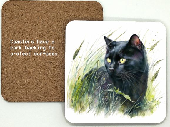 1314-143 Black Cat in grass Coasters (95mm square)