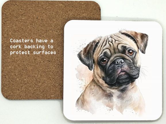 1314-183 Pug Dog Coasters (95mm square)
