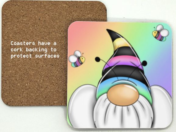 1314-111 Rainbow Gonk & Bee Coasters (95mm square)