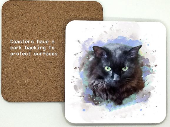 1314-109 Black Cat (Long haired) Coasters (95mm square)