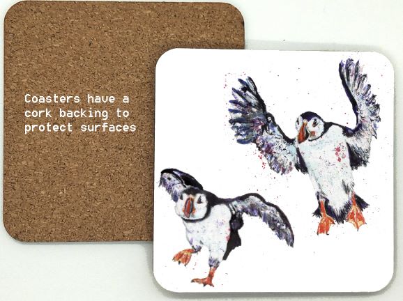 1314-269- flying Puffins Coaster (95mm square)