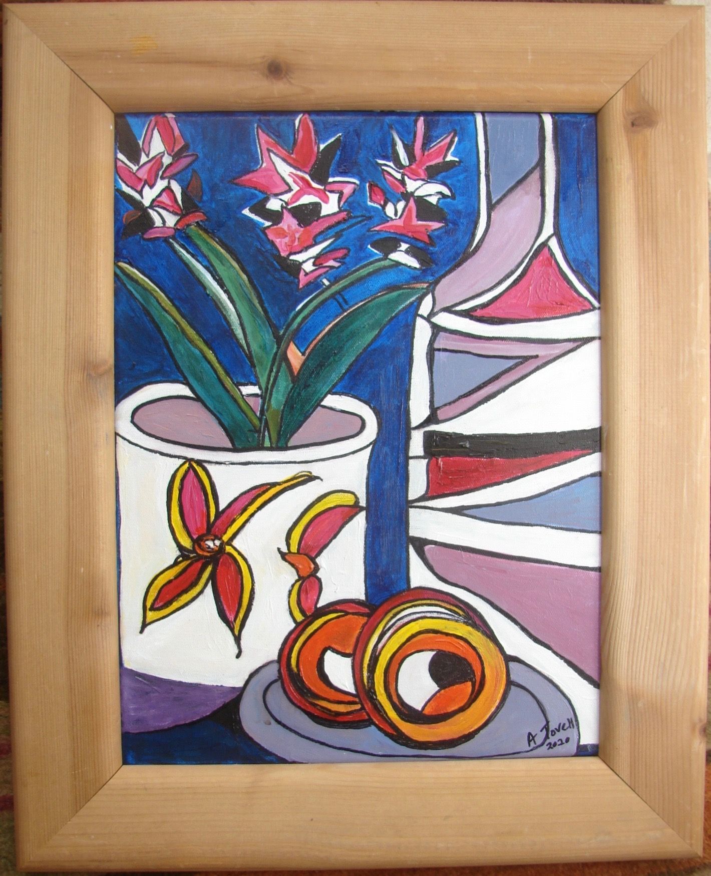Angela Tovell: Still Life with Fruit and Flowers (acrylic on canvas, 54cm x 43cm)  Â£45