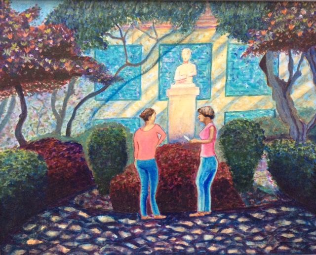 The Conversation   ________________________________ oils on  canvas board, medium grey wooden frame (45cm x 56cm)           Â£100