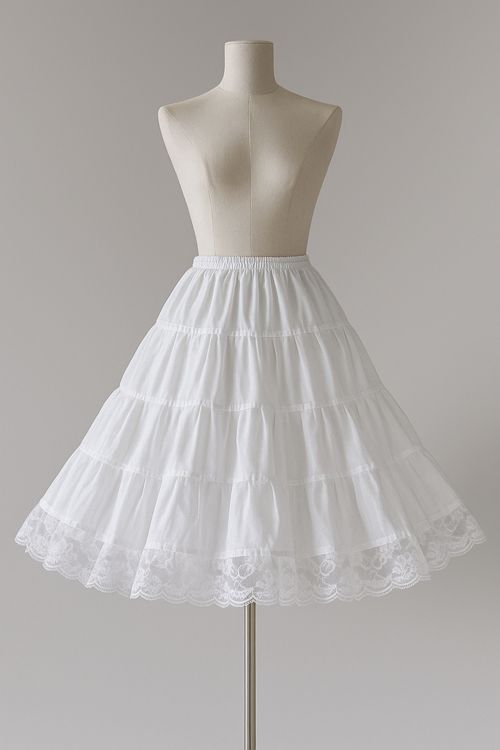<!-- 010914 -->White Lightweight Cotton Tiered Petticoat with Lace Edge