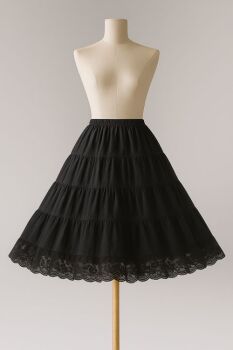 Black Lightweight Cotton Tiered Petticoat with Lace Edge