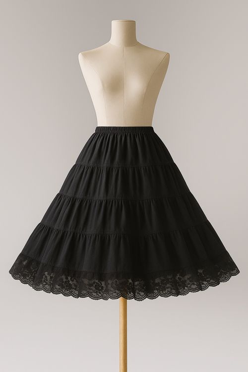 <!-- 010915 -->Black Lightweight Cotton Tiered Petticoat with Lace Edge