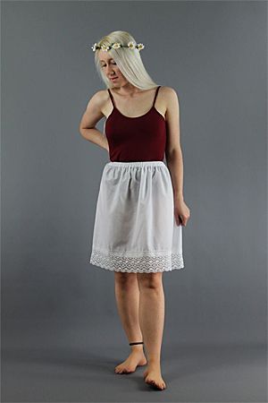 <!-- 0114 -->Simple White Cotton Slip With Wide Crochet Lace