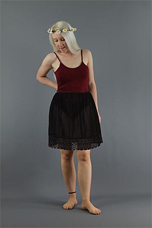 <!-- 01141-->Simple Black Cotton Slip With Wide Crochet Lace