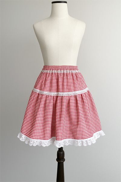 <!-- 0109 -->Red & White Gingham Mini Skirt with Anglaise Eyelet Trim