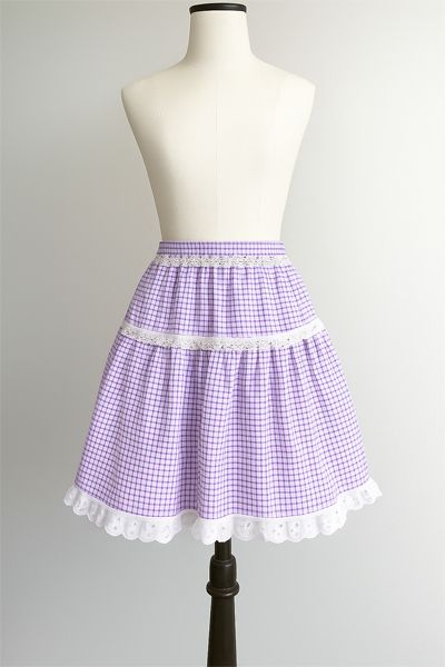 <!-- 0110 -->Lilac & White Gingham Mini Skirt with Anglaise Eyelet Trim