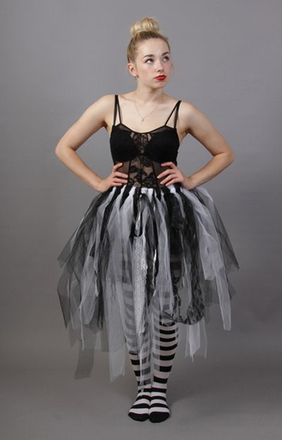 <!-- 004 -->Ghost Bride Black & White Net Lace Fairy Tutu Skirt