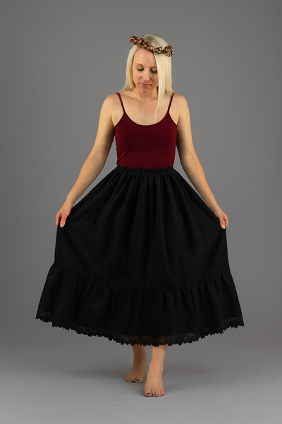 <!-- 0112.2 -->Black Cotton Petticoat - Flower Guipure Trim