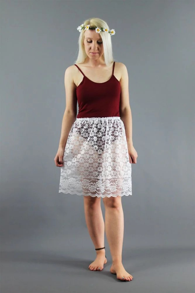 <!-- 020 -->Delicate White Lace Skirt Extender - Deep Lace Hem
