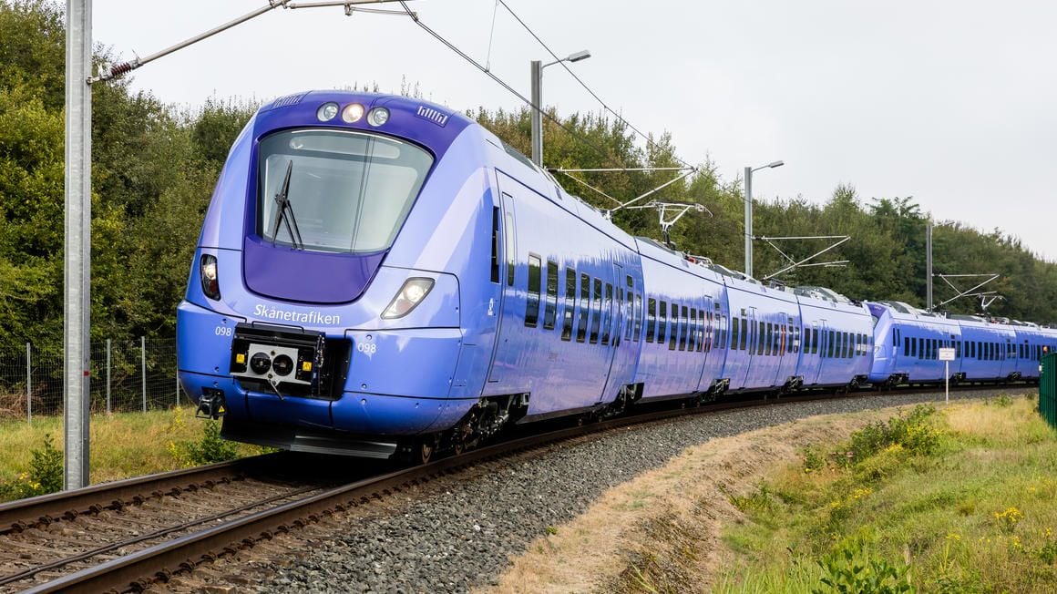 Coradia Nordic train travelling along railway track