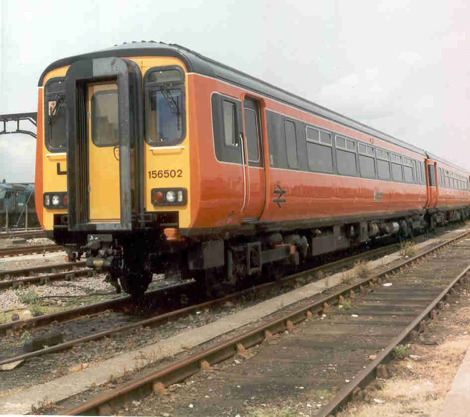 Image showing Strathclyde-liveried unit 156502 in the yard at the RTC, Derby prior to departure for Utrecht in July 1989