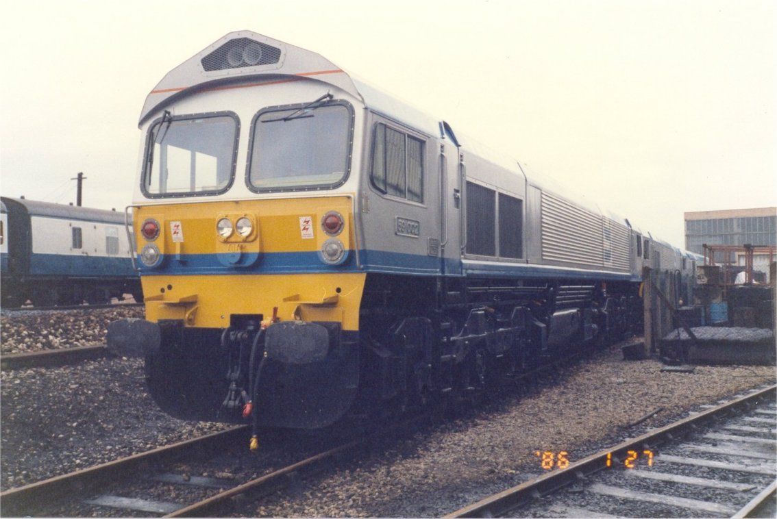 Image showing brand new EMD class 59 locomotive 59002 sits in the sidings at RTC in the company of the other members of the class on 27th January 1986