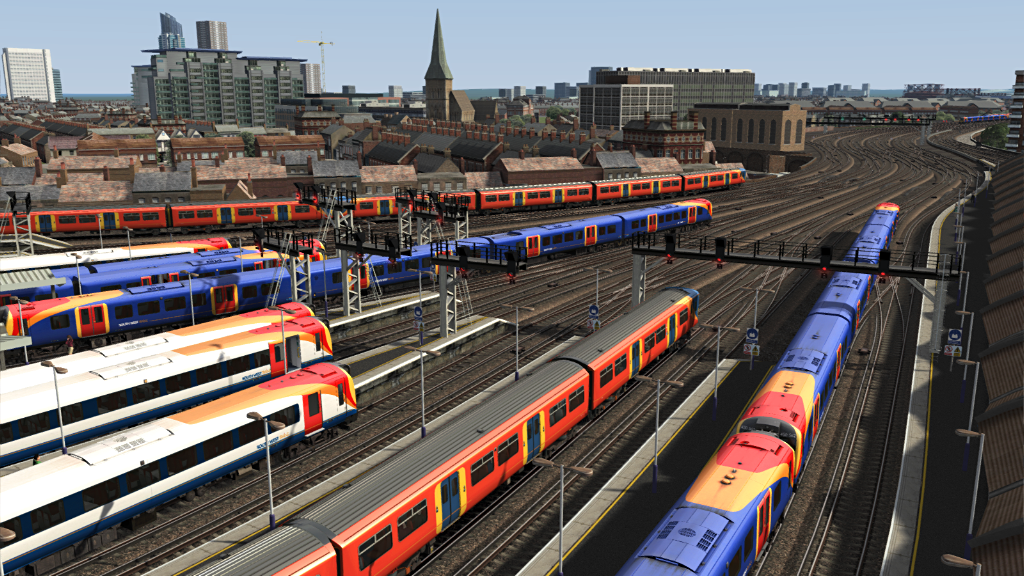 Image showing screenshot of a range of EMU trains as seen in the Armstrong Powerhouse Class 444 & 450 Enhancement Pack