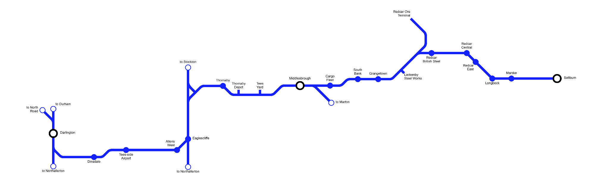 Image showing a map of the Tees Valley Line: Darlington â€“ Saltburn-by-the-Sea route