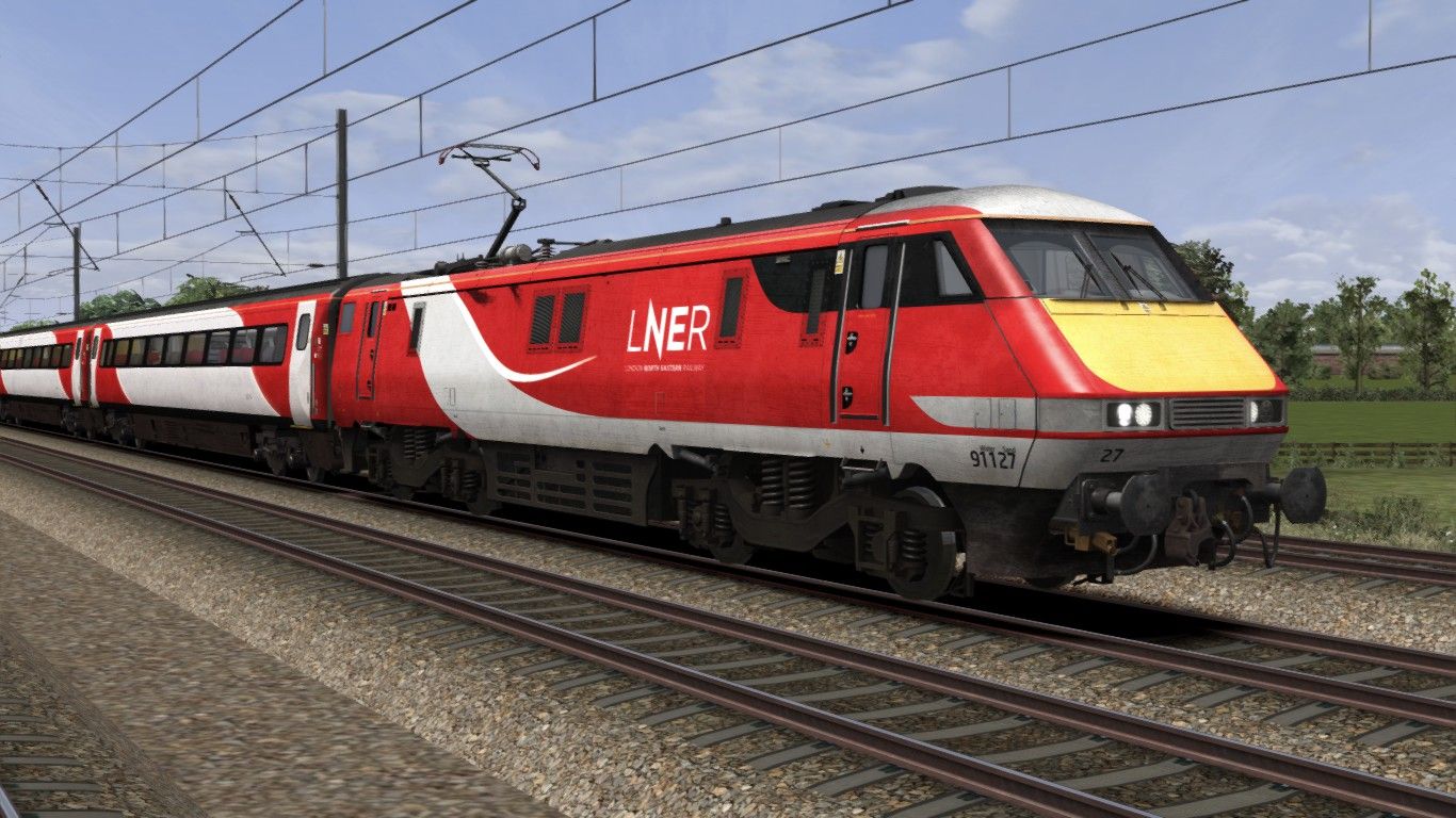Image showing screenshot of a Class 91 locomotive in LNER livery as available from the Alan Thomson Sim website.
