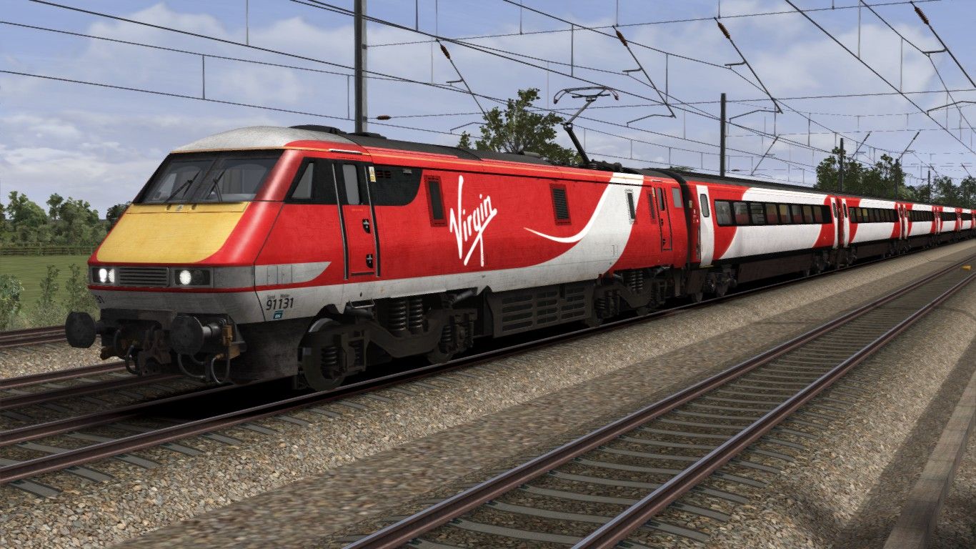 Image showing screenshot of a Class 91 locomotive in VTEC (Virgin Trains East Coast) livery as available from the Alan Thomson Sim website.