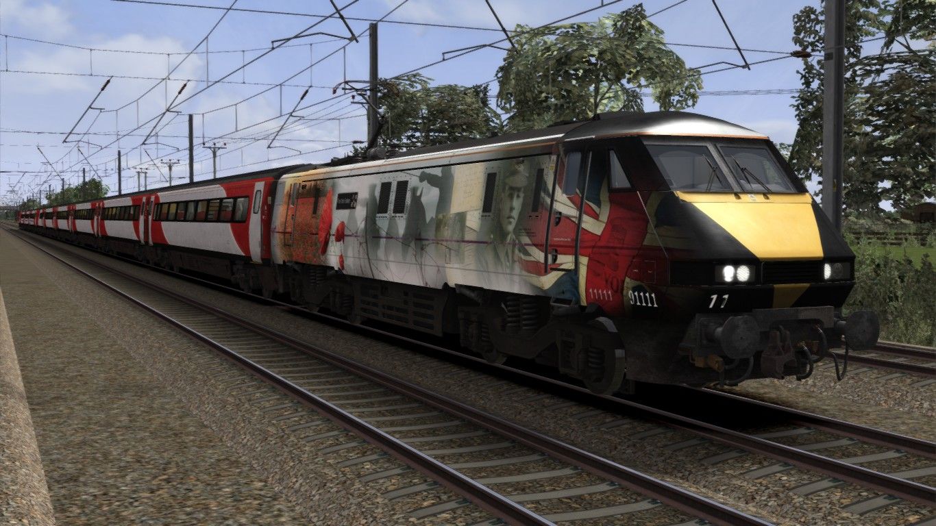 Image showing screenshot of a 91111, a Class 91 locomotive in 'For the Fallen' livery as available from the Alan Thomson Sim website.