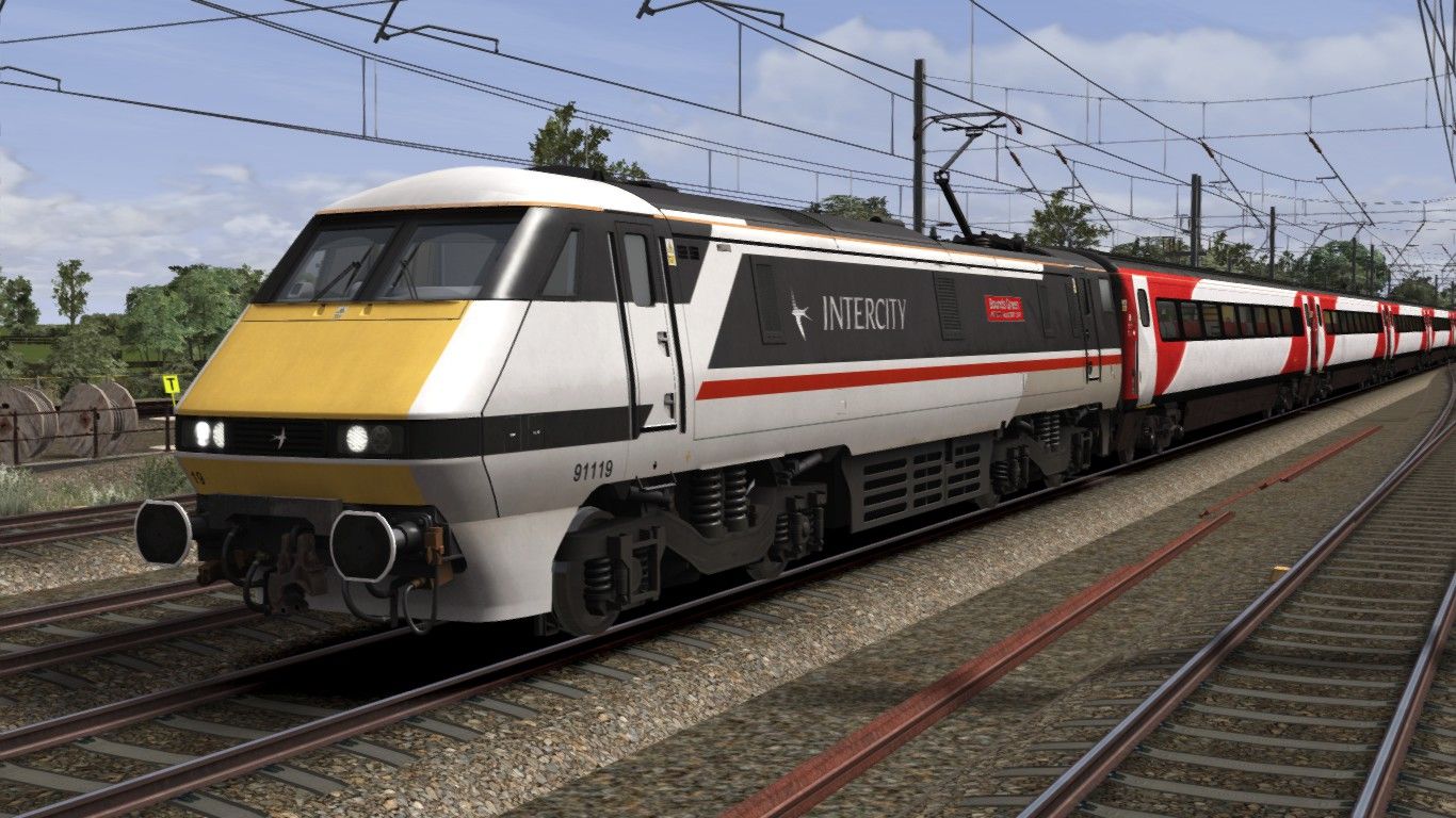 Image showing screenshot of a 91119, a Class 91 locomotive in 'Intercity livery as available from the Alan Thomson Sim website.