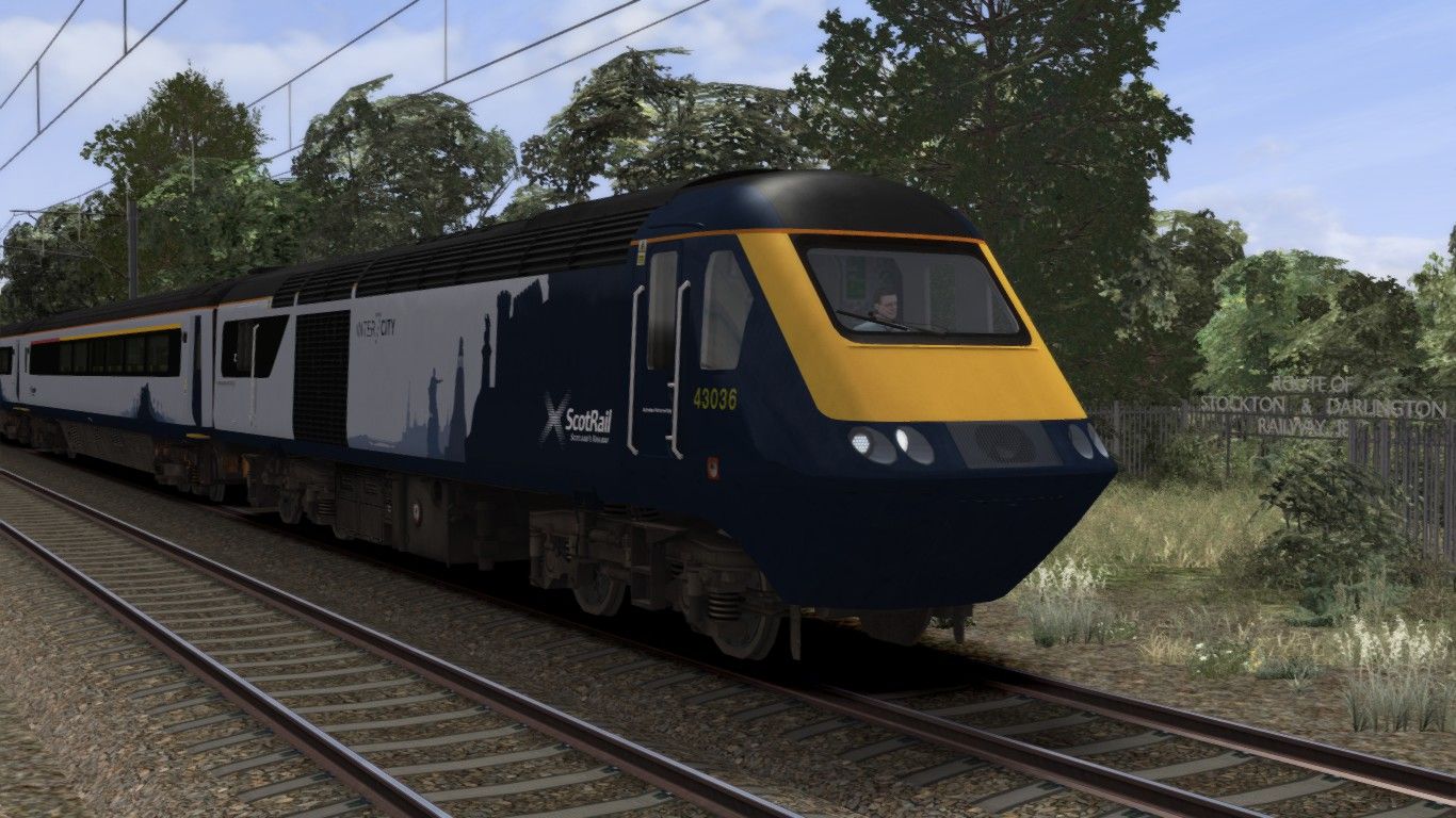 Image showing screenshot of the High Speed Train (HST) in ScotRail 7 Cities livery as available from the Alan Thomson Sim website.