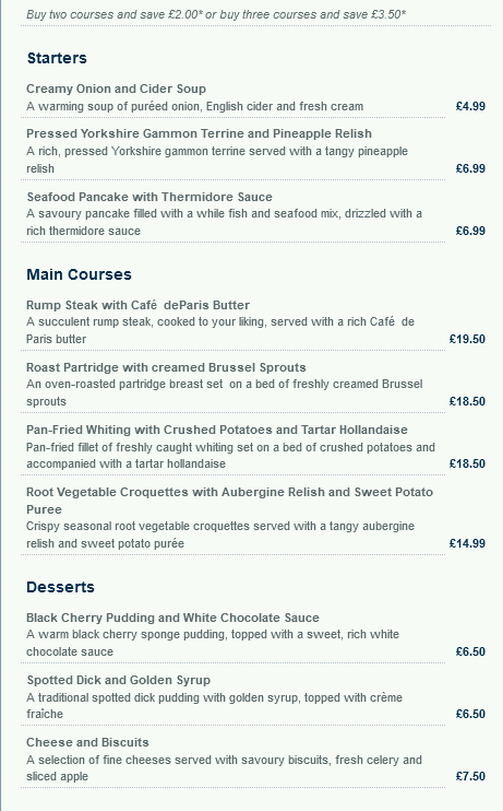 Image showing a sample of the National Express East Coast restaurant dinner menu circa 2009.