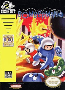 Bomberman II game cover showcasing the main character amidst vibrant explosions and a playful, dynamic background.
