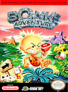 Nintendo game cover for Bonk's Adventure, depicting Bonk, a cheerful caveman, in a playful, colorful setting.