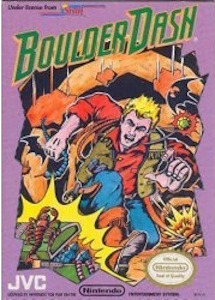 Cover of Boulder Dash for Nintendo, depicting a miner surrounded by boulders and treasures in a colorful cave environment.  