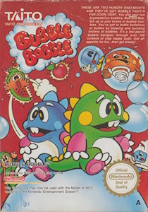 Box cover of Bubble Bobble for Nintendo, depicting two cheerful dragons surrounded by bubbles and a bright, colorful scene.