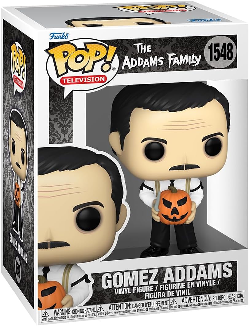 Collectible Funko Pop of Gomez Addams, showcasing his classic attire and iconic mustache from The Addams Family.
