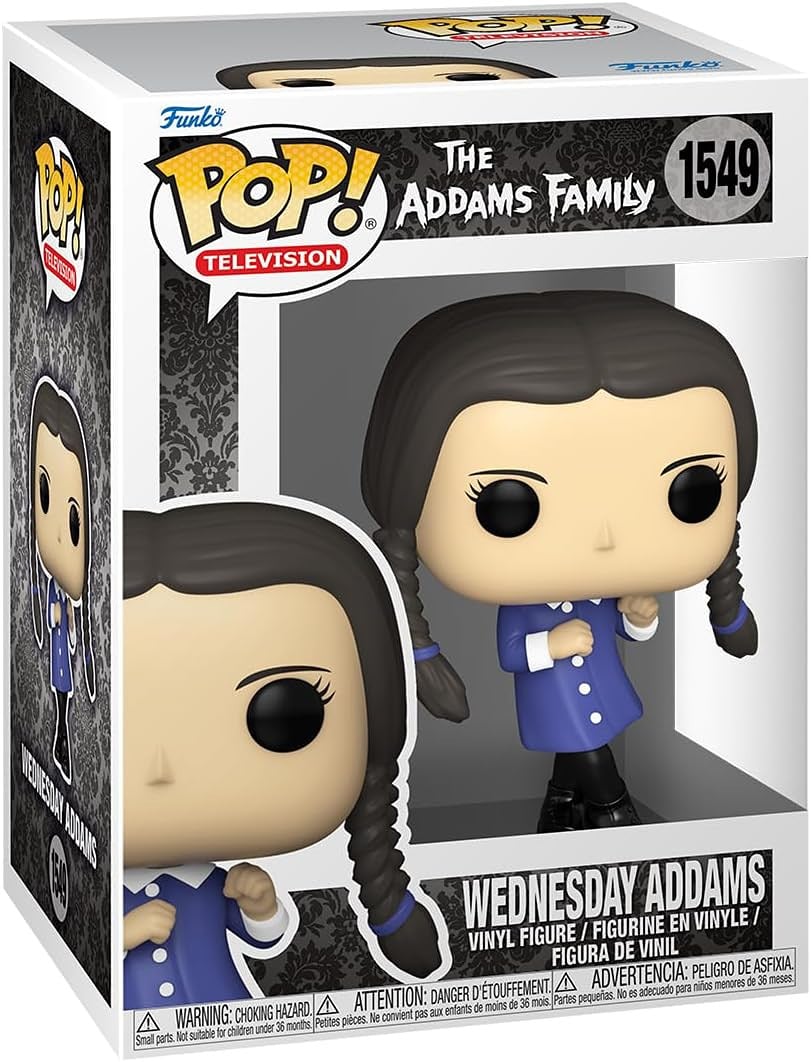 Pop vinyl figure of the Addams Family, featuring a stylized character with a quirky expression and distinctive attire.  