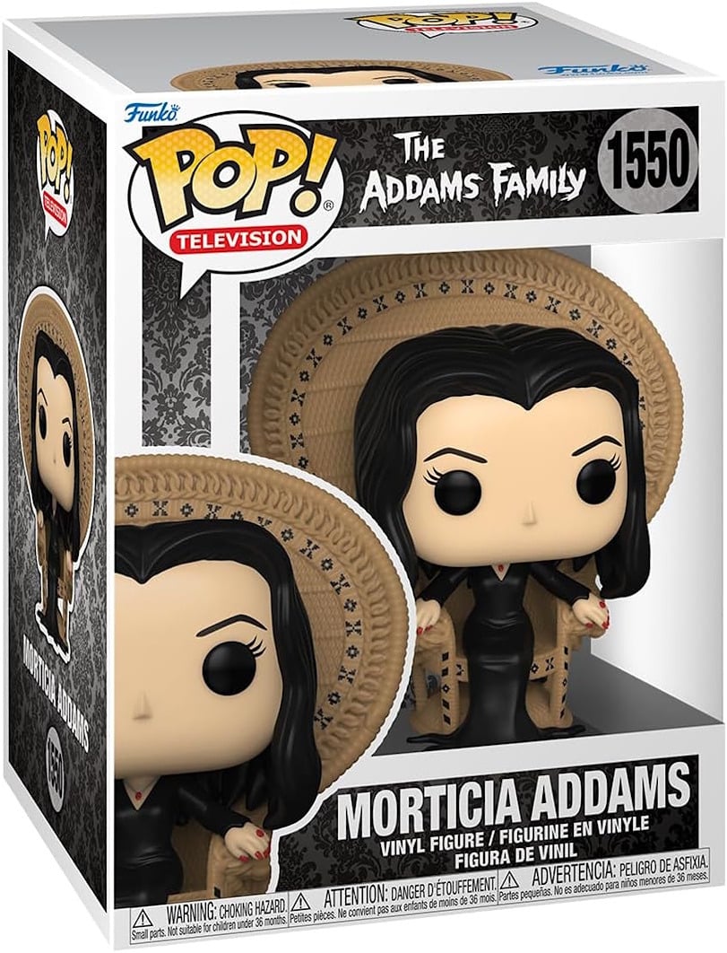Funko Pop figure of Morticia Addams, featuring her iconic black dress and pale skin, with a mysterious expression.  