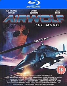 Cover art for "Airwolf" on Blu-ray, highlighting the helicopter and key action elements from the film.