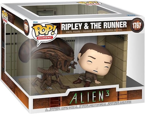 Pop vinyl figure featuring Ripley and an alien from the movie Alien 3, showcasing their unique designs and vibrant colors. 