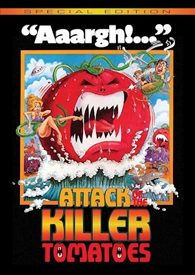 Movie cover for "Attack of the Killer Tomatoes," showcasing animated tomatoes in a comedic attack on unsuspecting people.  