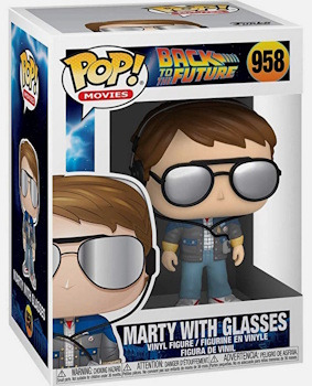 Pop vinyl figure of Marty McFly from Back to the Future, wearing glasses and his iconic vest and jeans.  